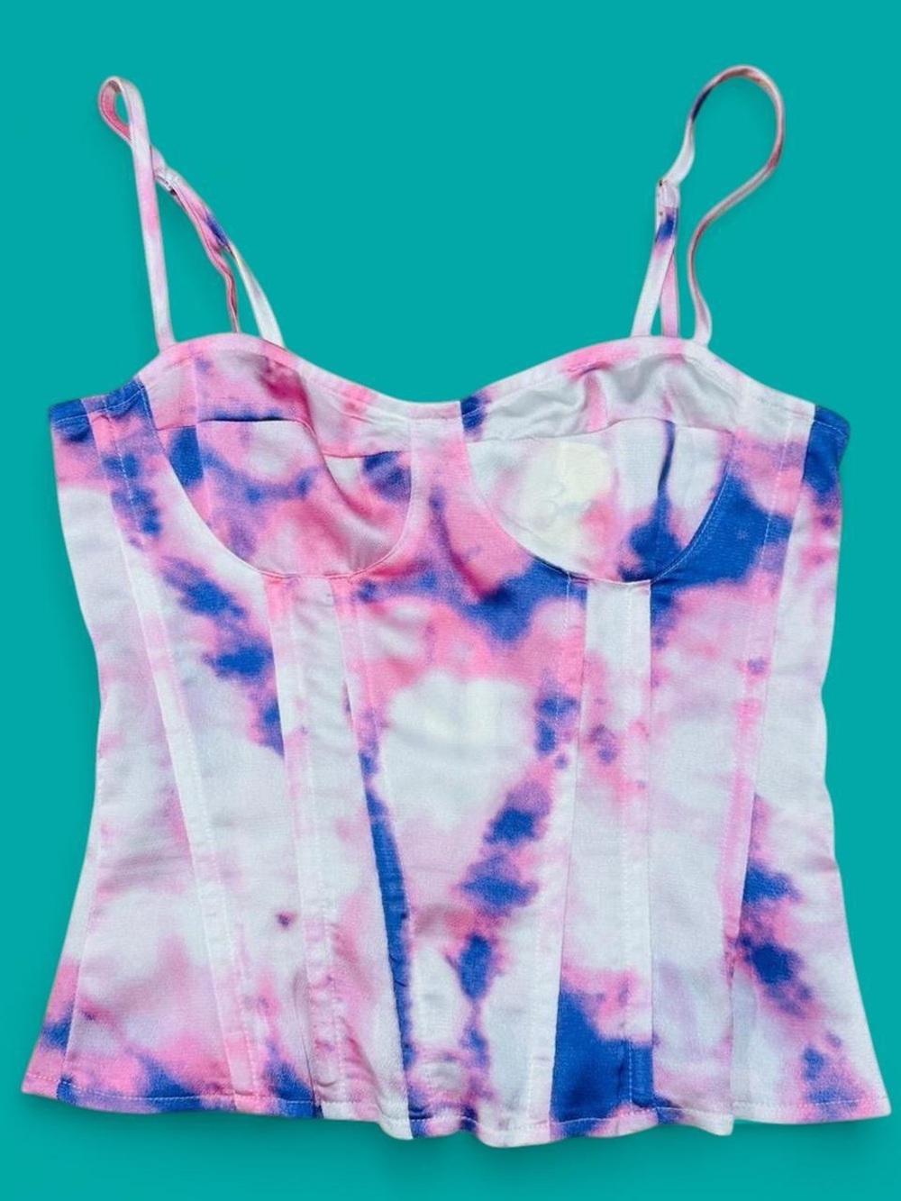PrettyLittleThing Tie Dye Underwire Corset Top Pink Blue Bustier Y2K US 2